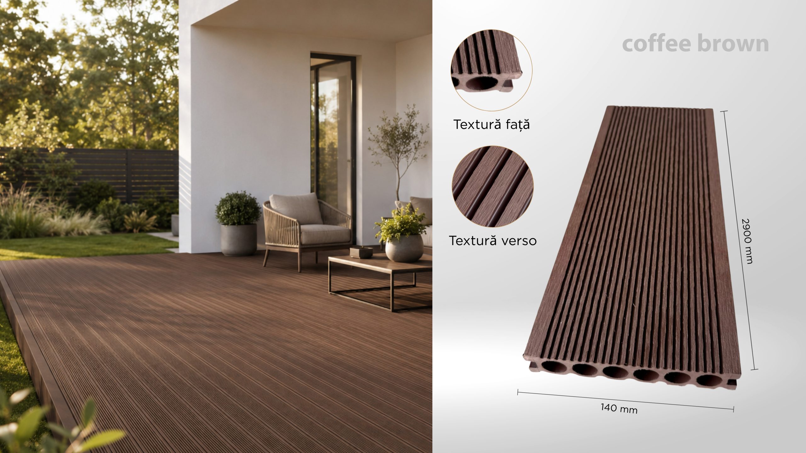 Deck WPC generația I, coffee brown - 2900x140x25 mm