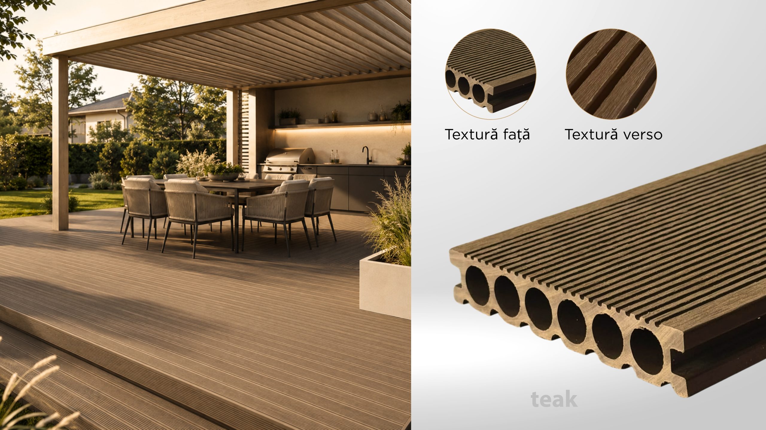 Deck WPC generația I, teak - 2900x140x25 mm