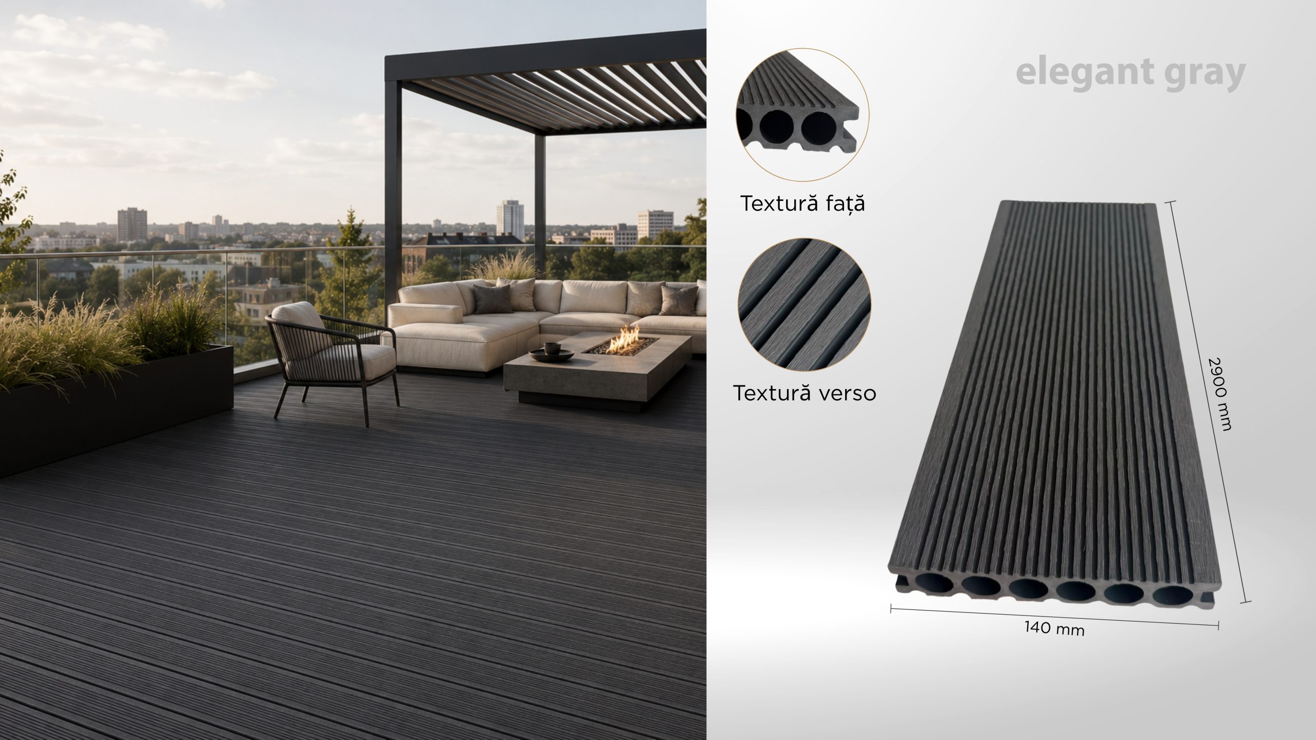 Deck WPC generația I, elegant gray - 2900x140x25 mm