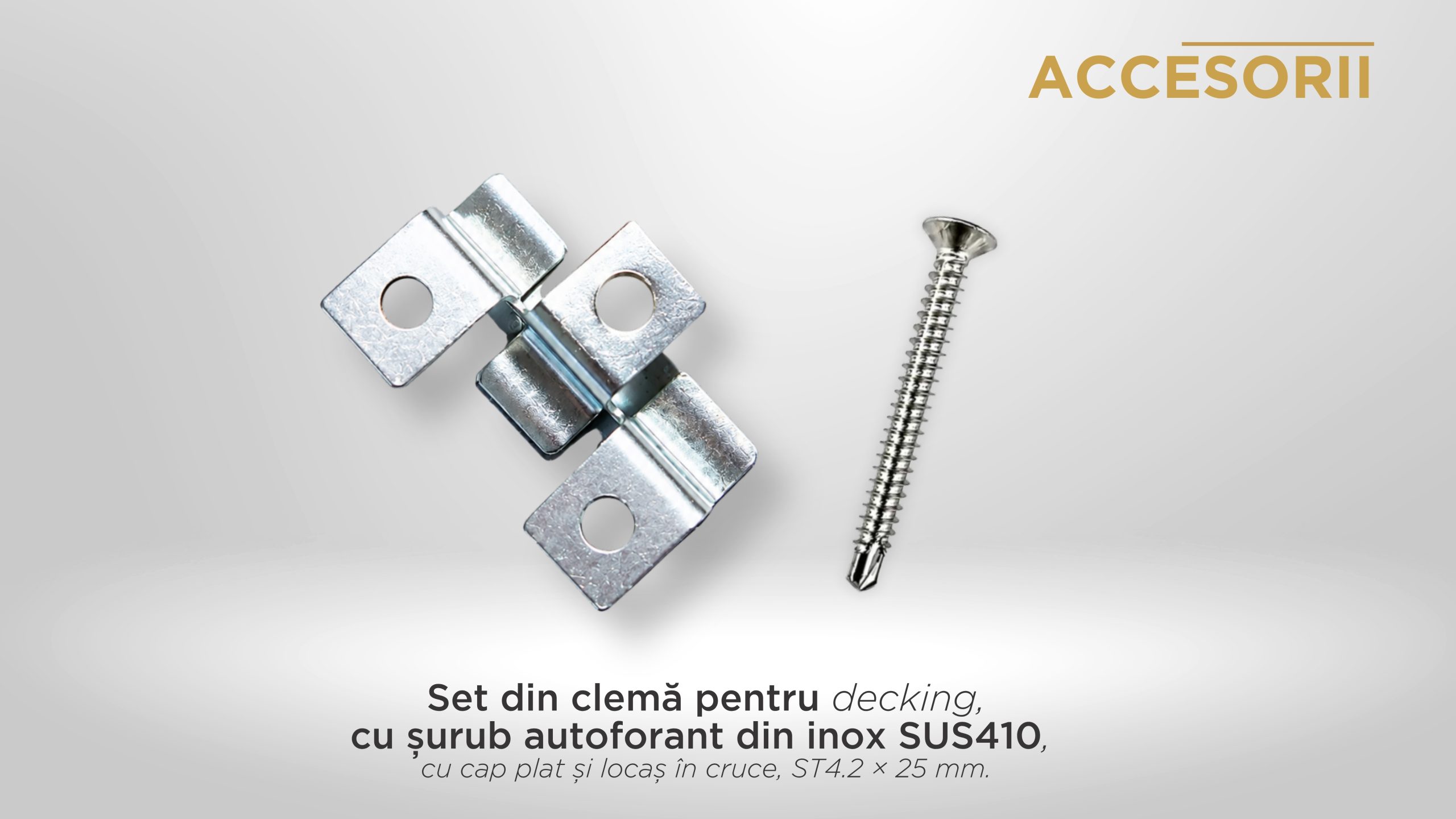 Set clemă inox și șurub autoforant pentru deck WPC