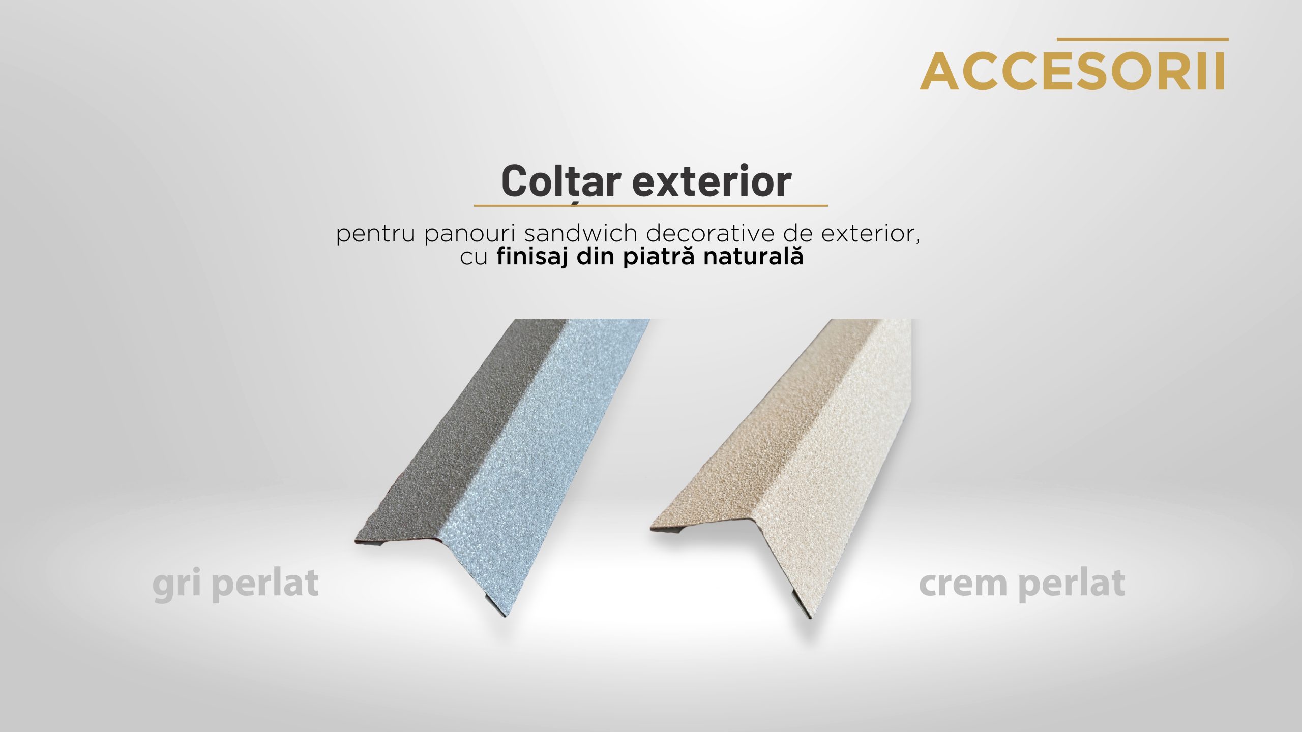 Colțar exterior/terminație de geam pentru panouri sandwich decorative de exterior, cu finisaj din piatră naturală