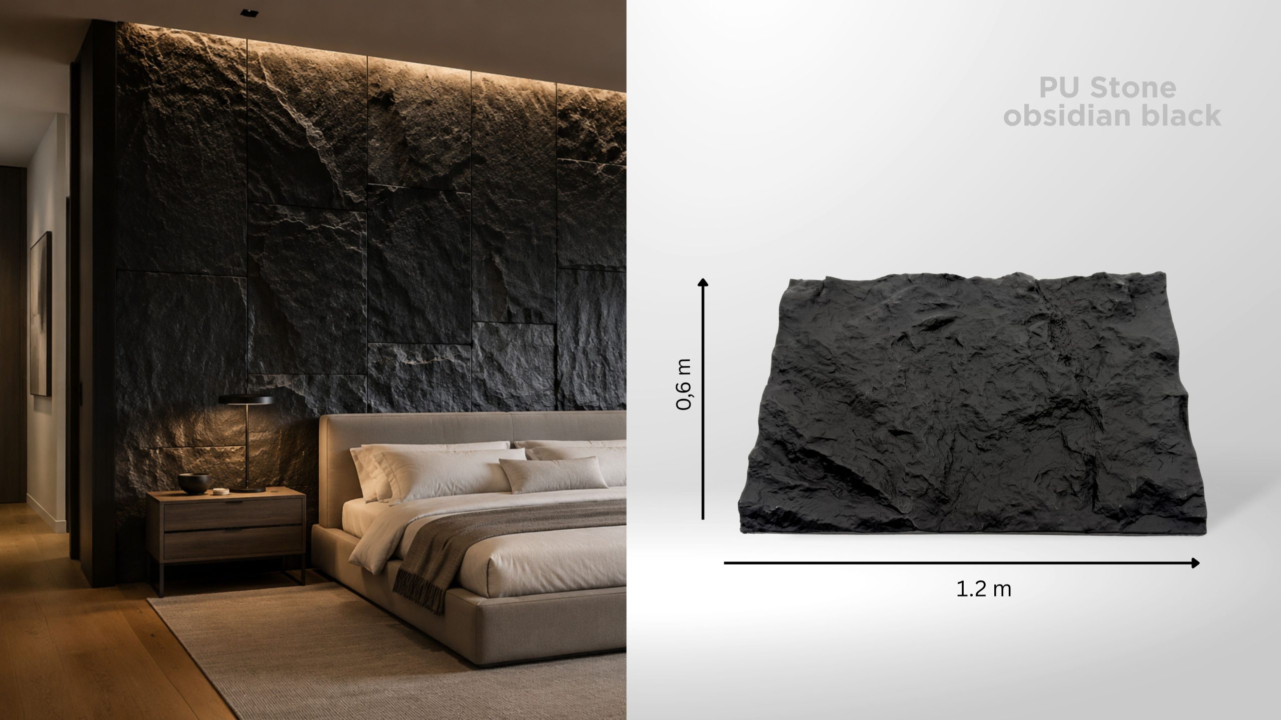 Panou decorativ Stone obsidian black – 1200 × 600 × 35 mm, textură 3D aspect piatră