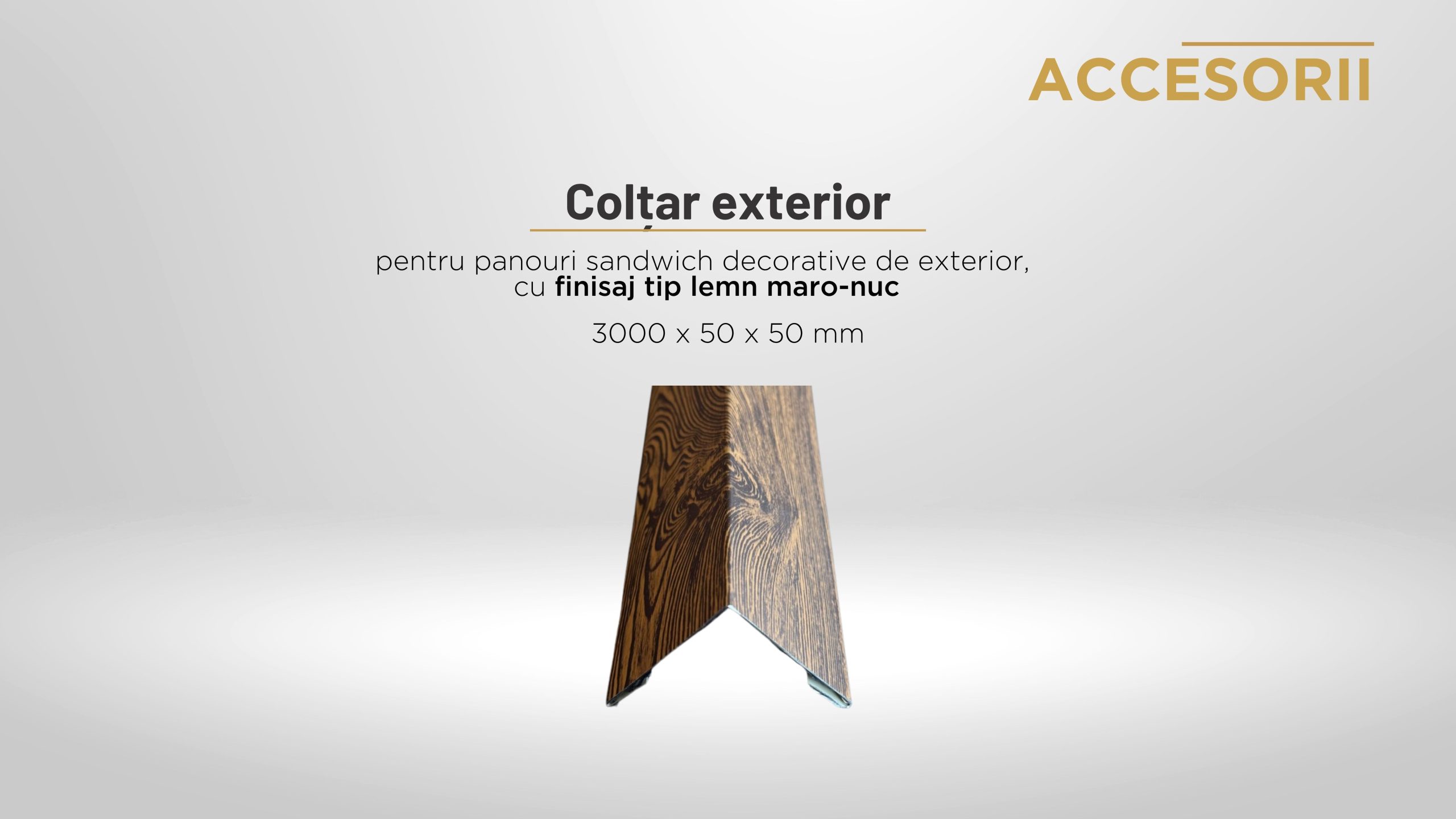 Colțar exterior din oțel galvanizat, maro-nuc, pentru panouri sandwich decorative de exterior, 3m