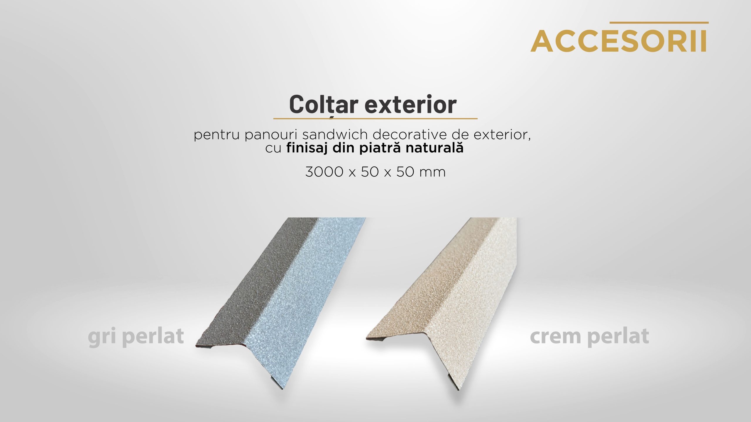 Colțar exterior/terminație de geam pentru panouri sandwich decorative de exterior, cu finisaj din piatră naturală