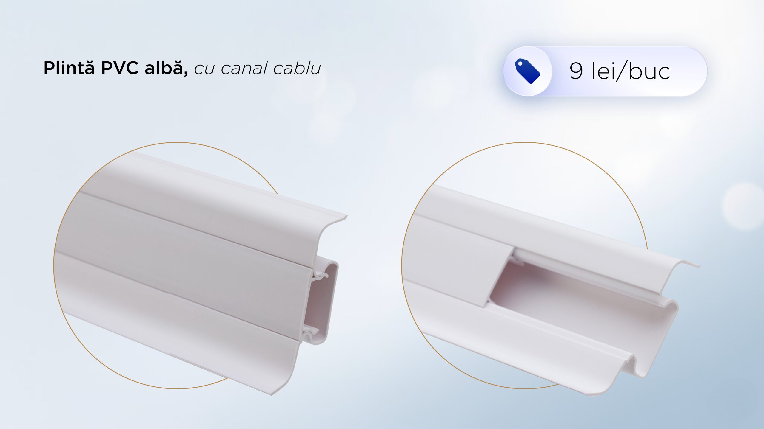 Plintă PVC albă, 2.4 m, cu canal pentru cabluri