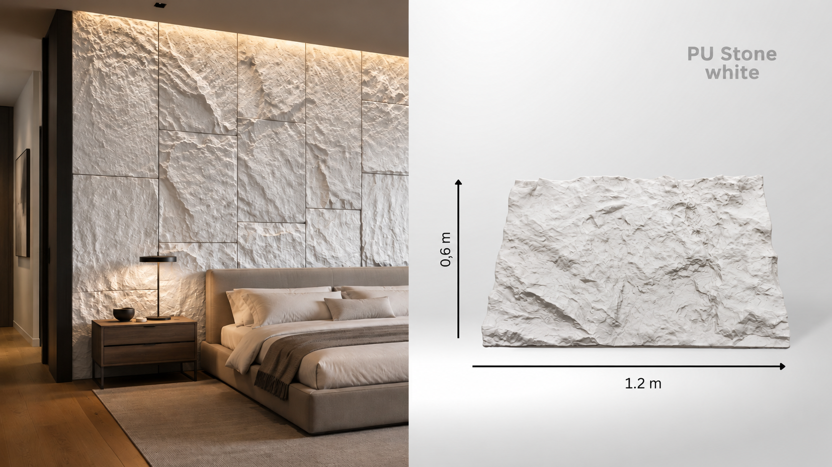 Panou decorativ 3D PU Stone alb, 1200 x 600 x 35 mm