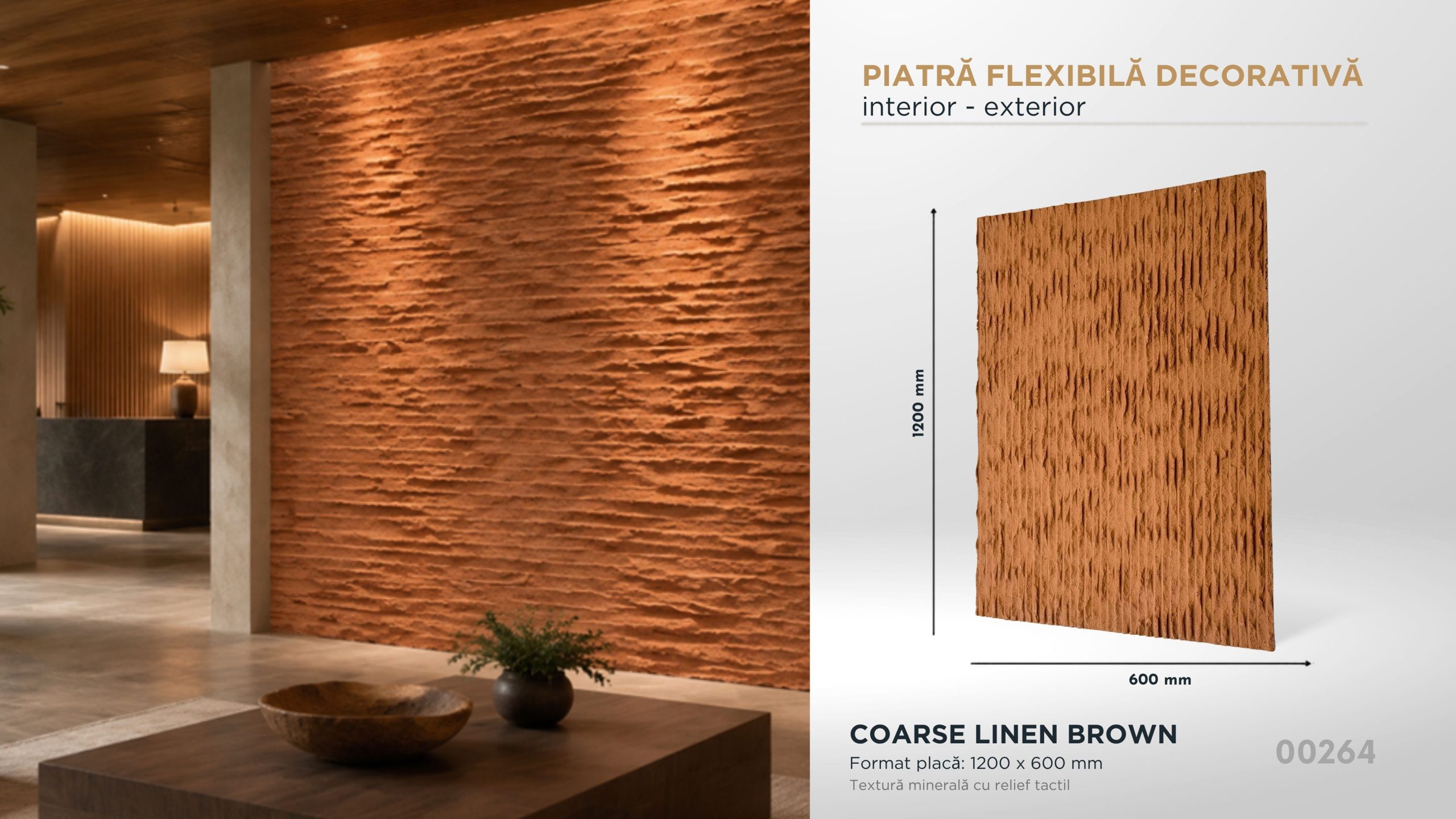 Piatră decorativă flexibilă Coarse Linen Brown, 1200×600 mm, pentru interior și exterior