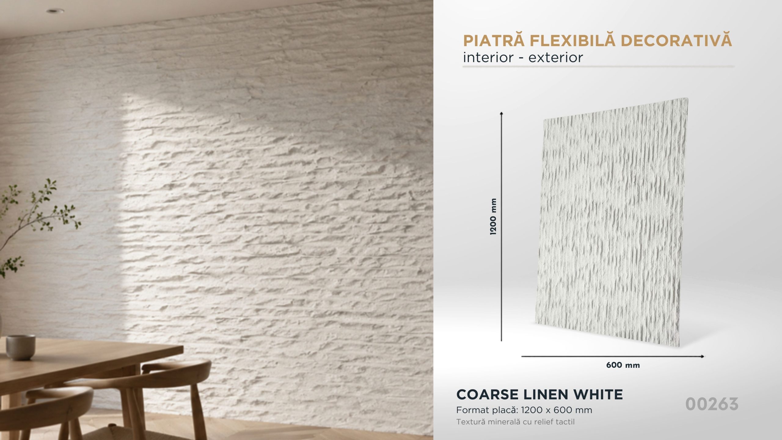 Piatră decorativă flexibilă Coarse Linen White, 1200×600 mm, pentru interior și exterior
