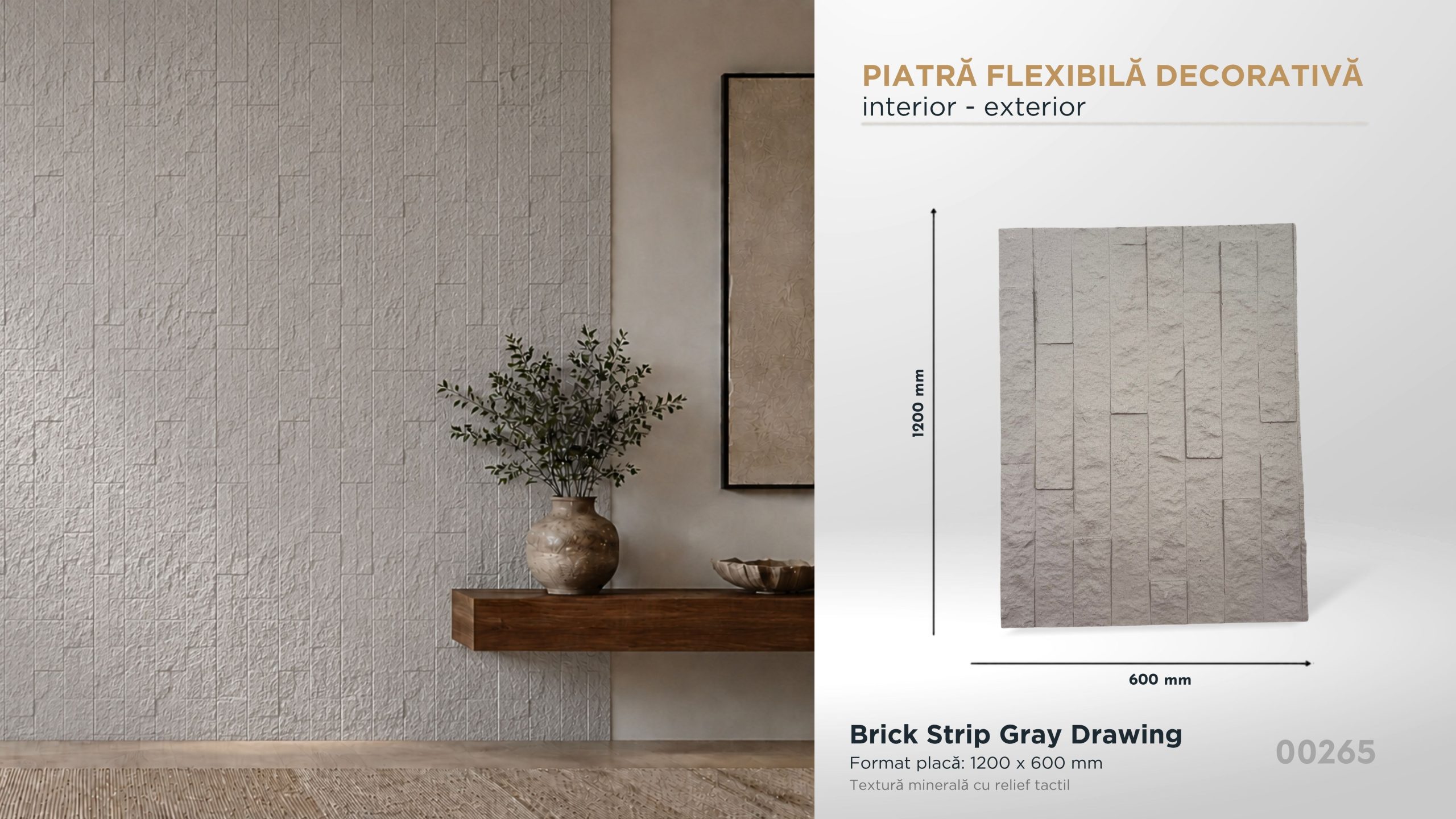 Piatră decorativă flexibilă Brick Strip Gray Drawing, 1200×600 mm, pentru interior și exterior