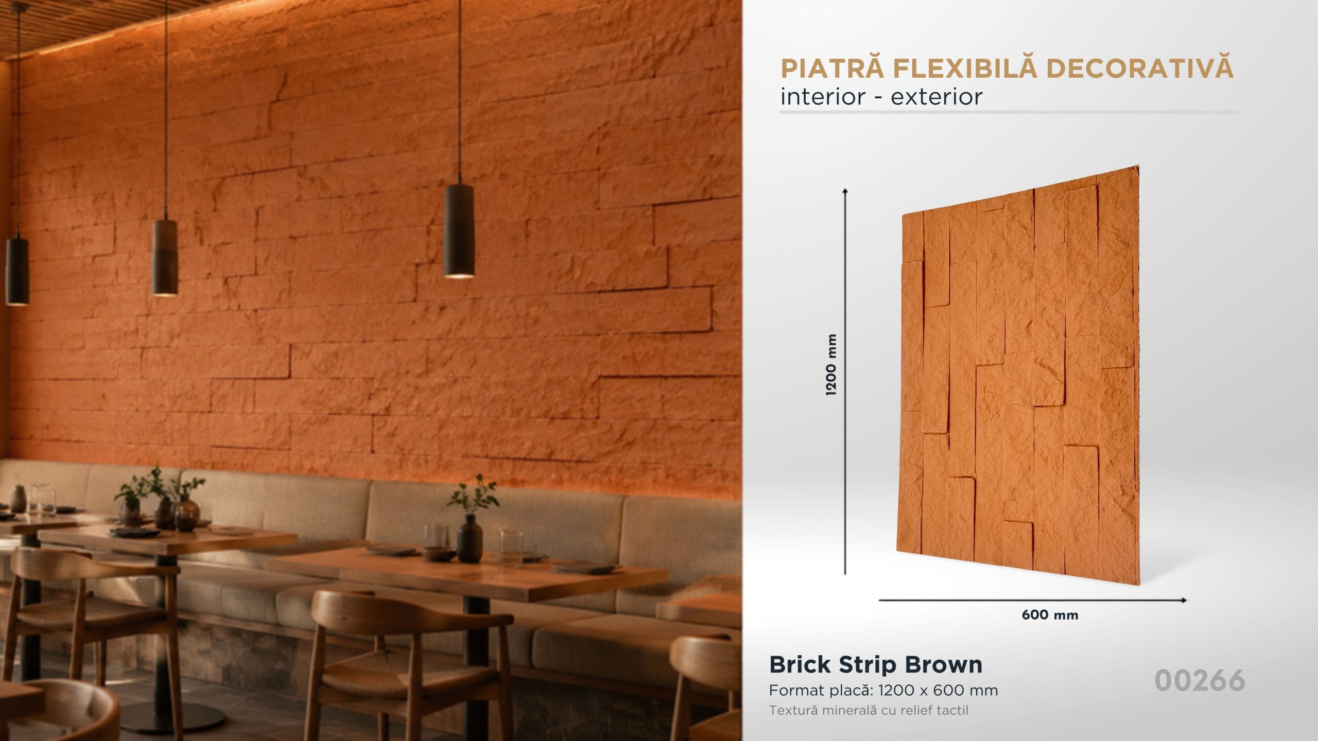 Piatră decorativă flexibilă Brick Strip Brown, 1200×600 mm, pentru interior și exterior
