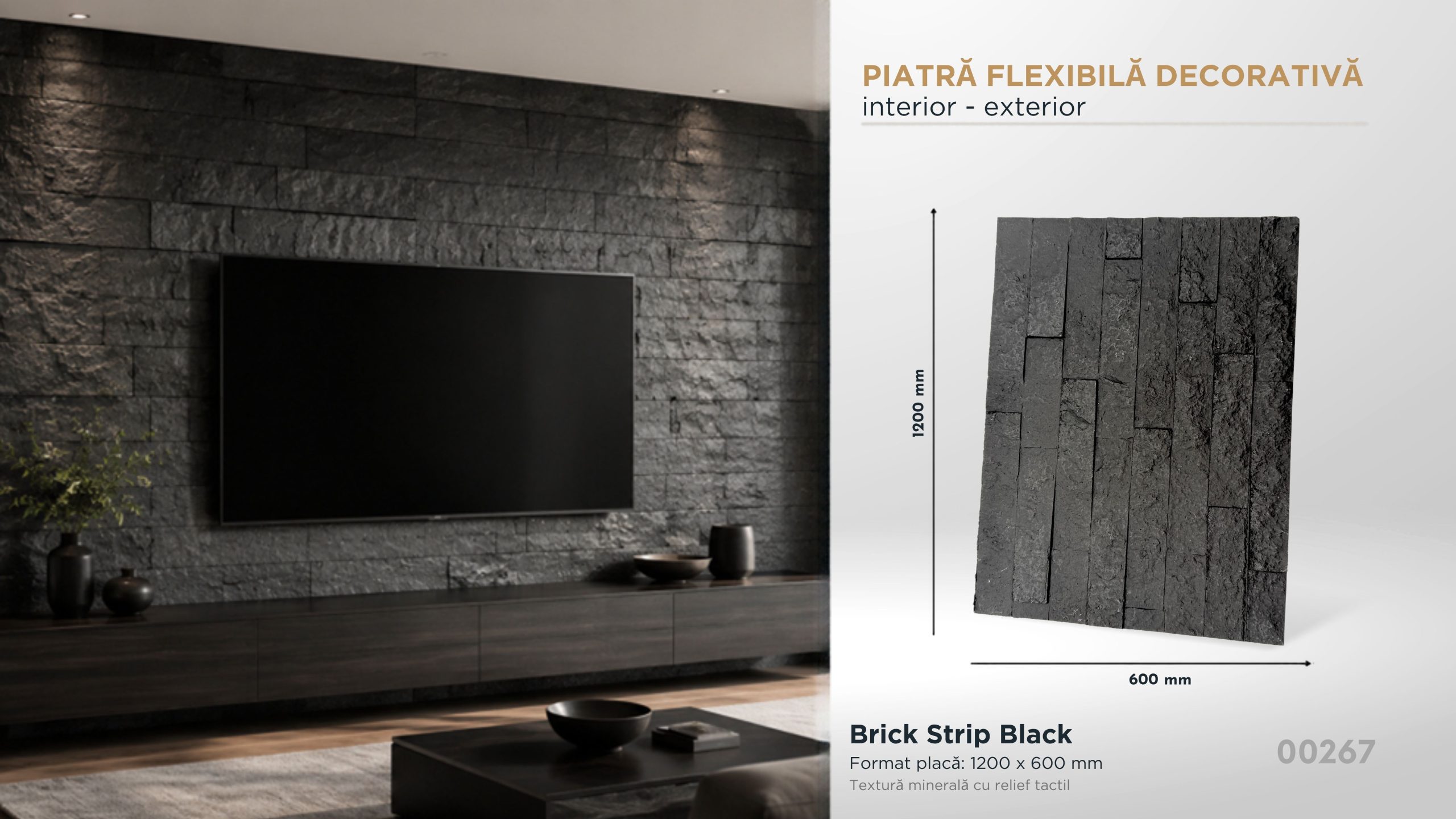 Piatră decorativă flexibilă Brick Strip Black, 1200×600 mm, pentru interior și exterior