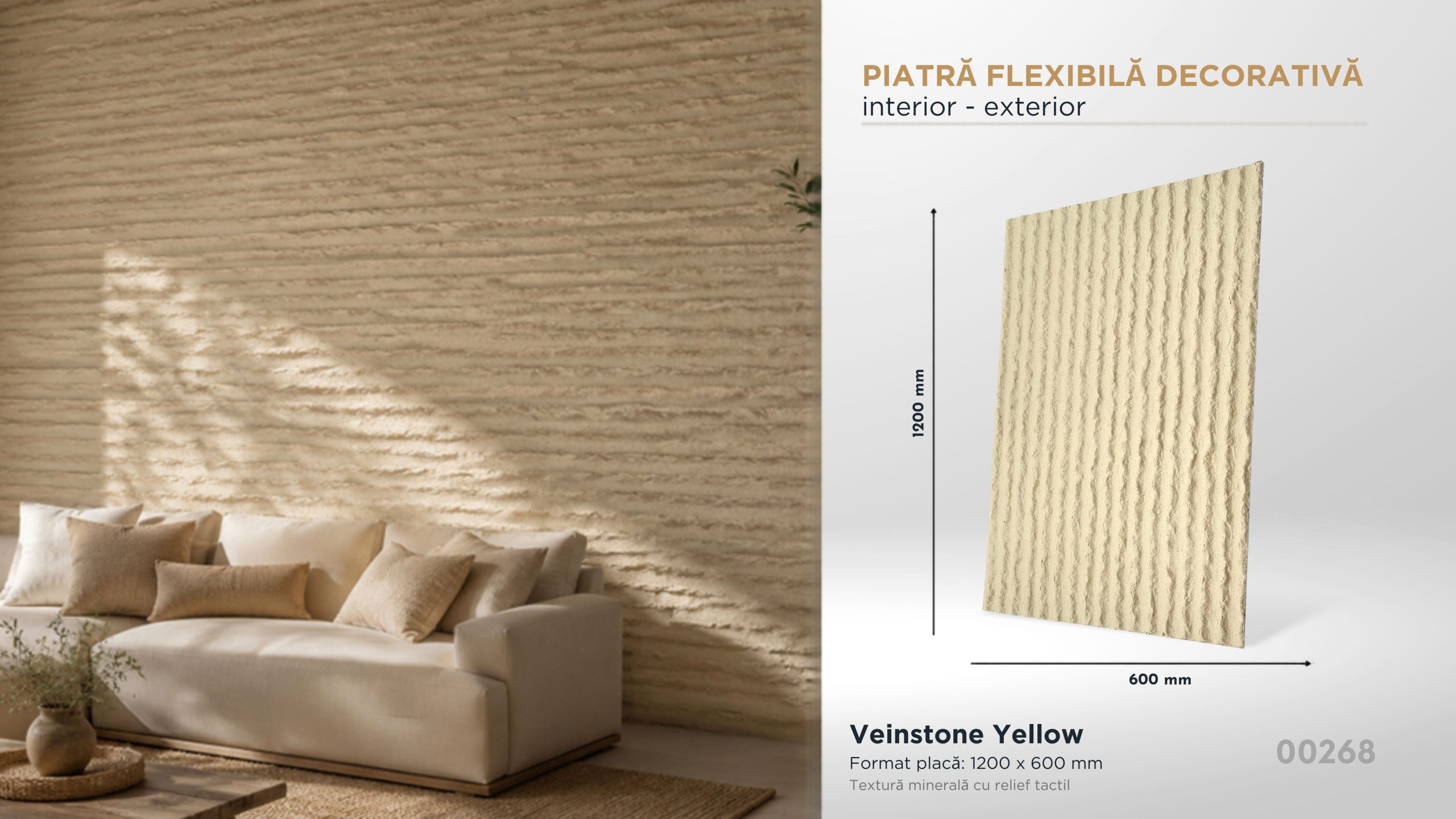Piatră decorativă flexibilă Veinstone Yellow, 1200×600 mm, pentru interior și exterior