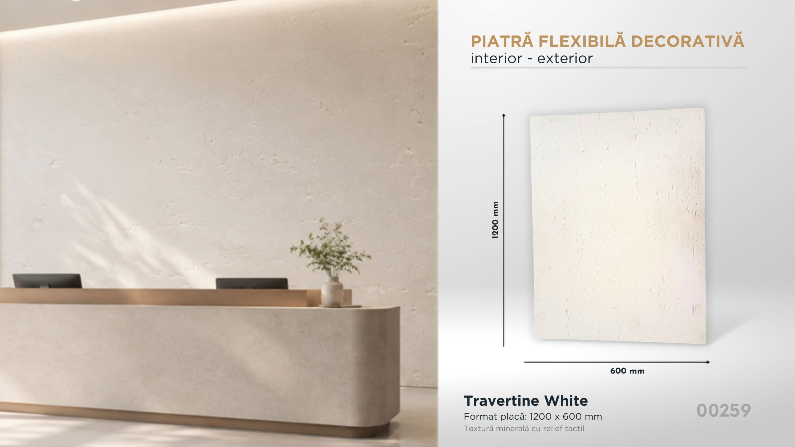 Piatră decorativă flexibilă Travertine White, 1200×600 mm, pentru interior și exterior