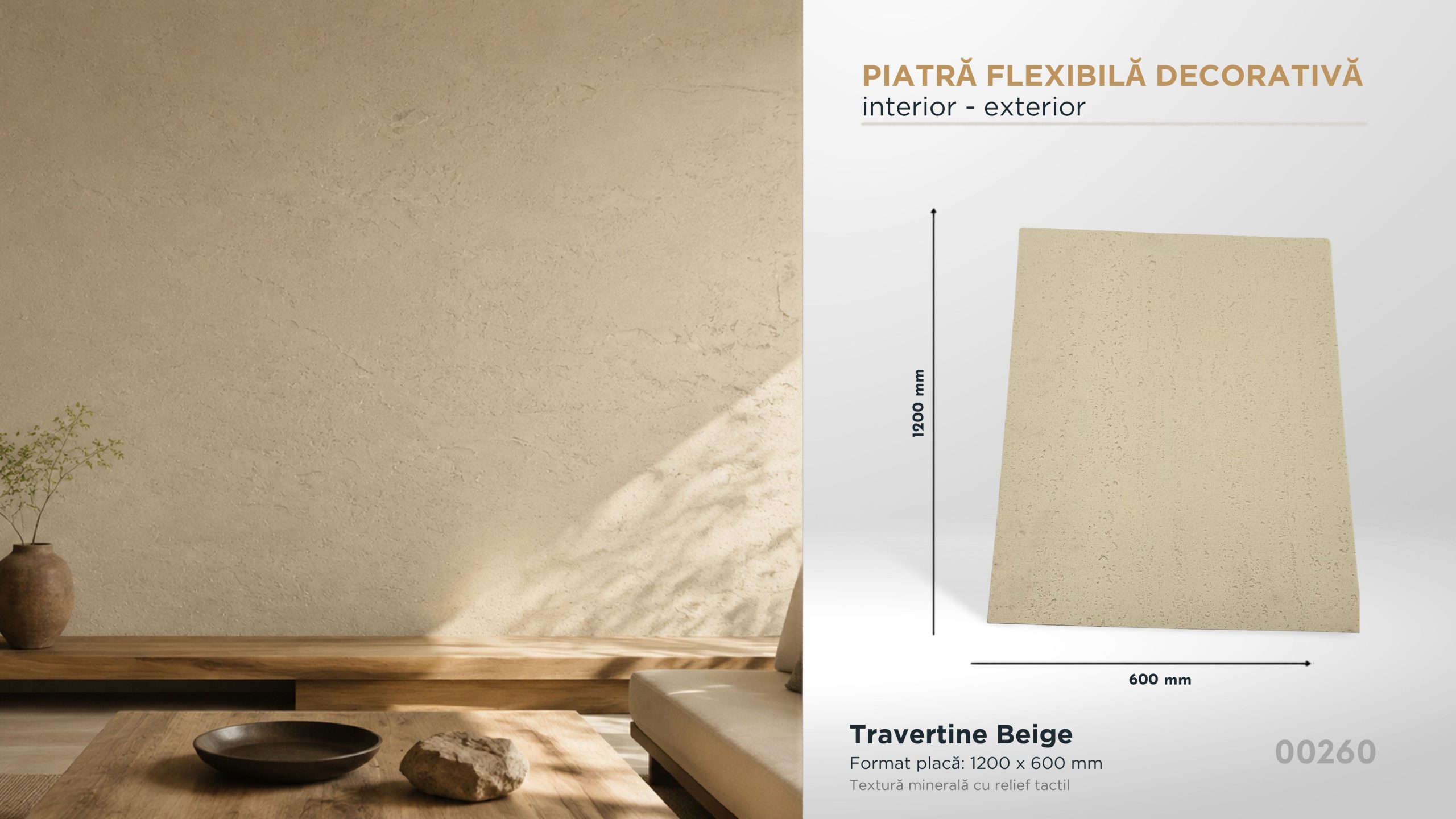 Piatră decorativă flexibilă Travertine Beige, 1200×600 mm, pentru interior și exterior
