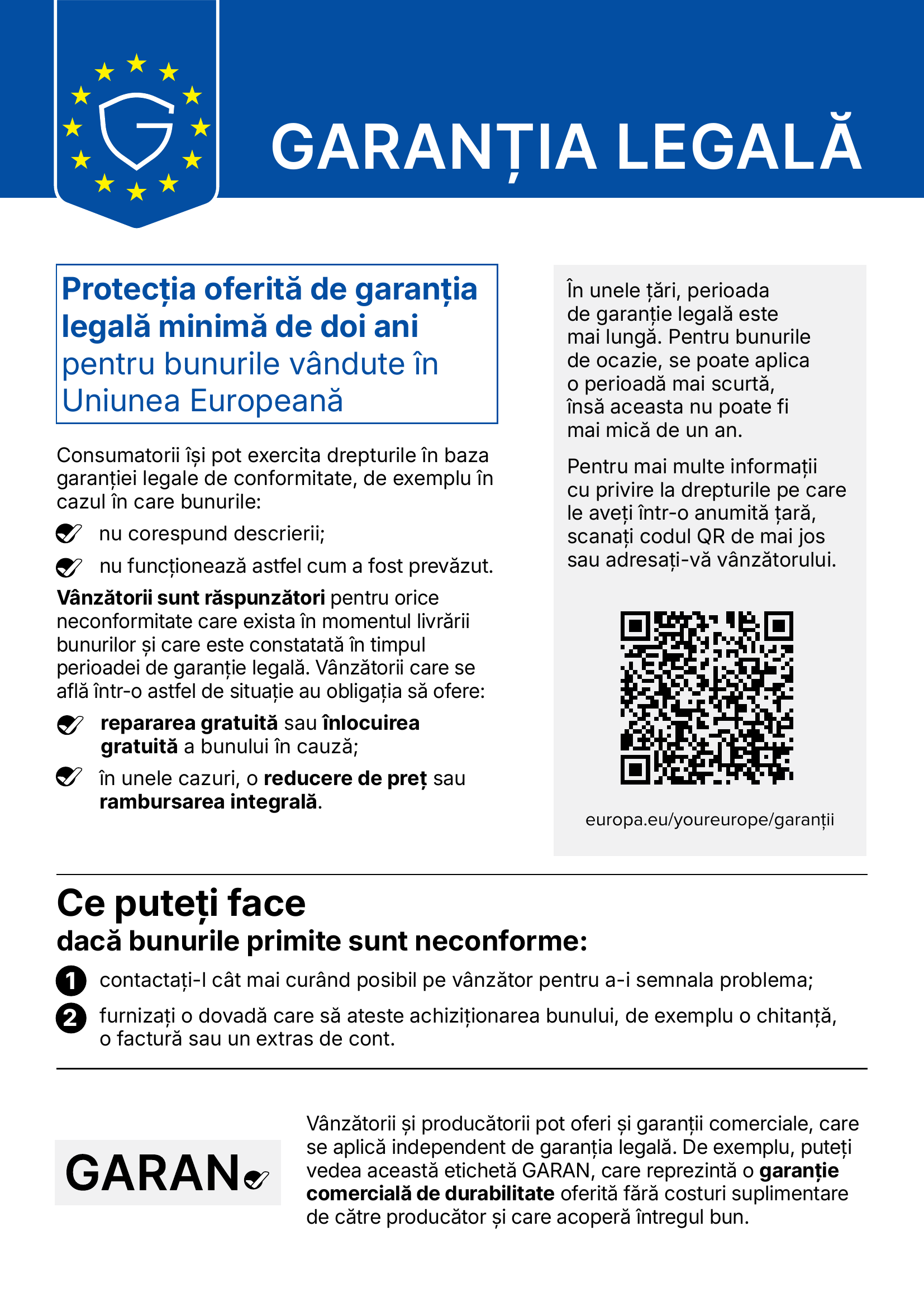Notificarea armonizată a Uniunii Europene privind garanția legală, varianta oficială în limba română, color