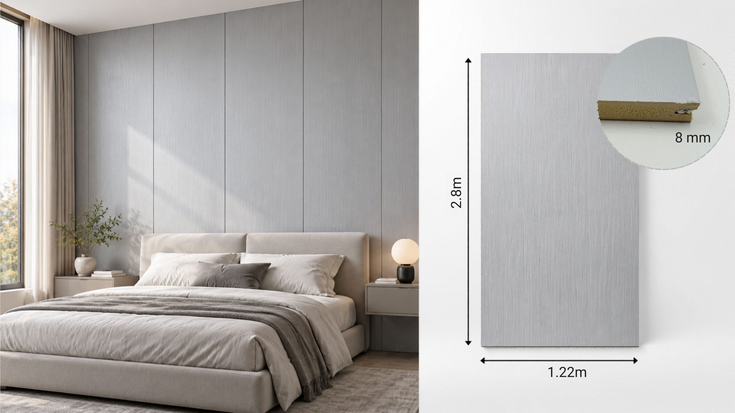 Panou decorativ C1039 gri perlat cu textură de fibră de lemn montat pe perete în dormitor