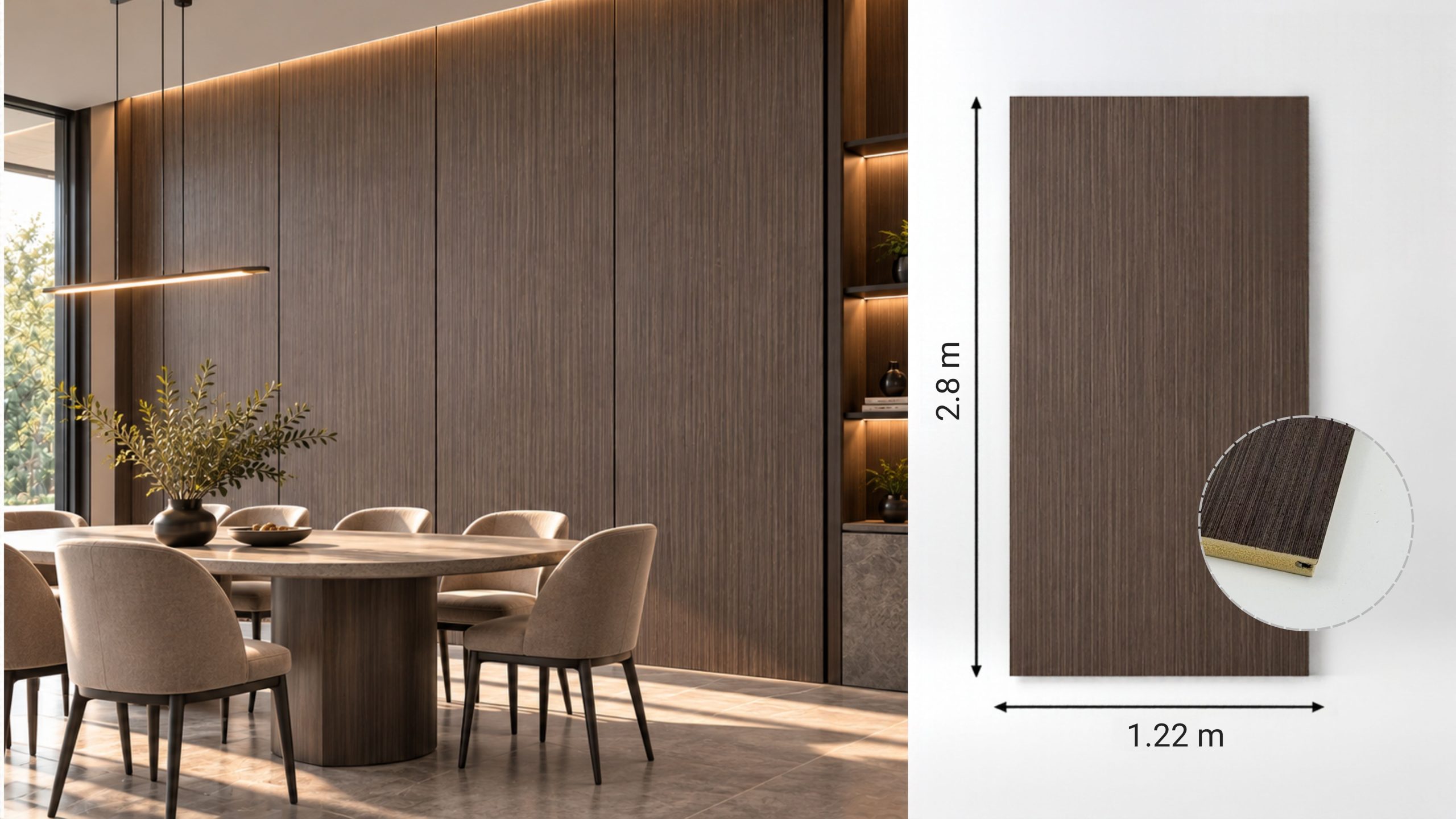 Panouri decorative K7200-302 Natural Honey Oak montate pe perete într-o zonă de dining