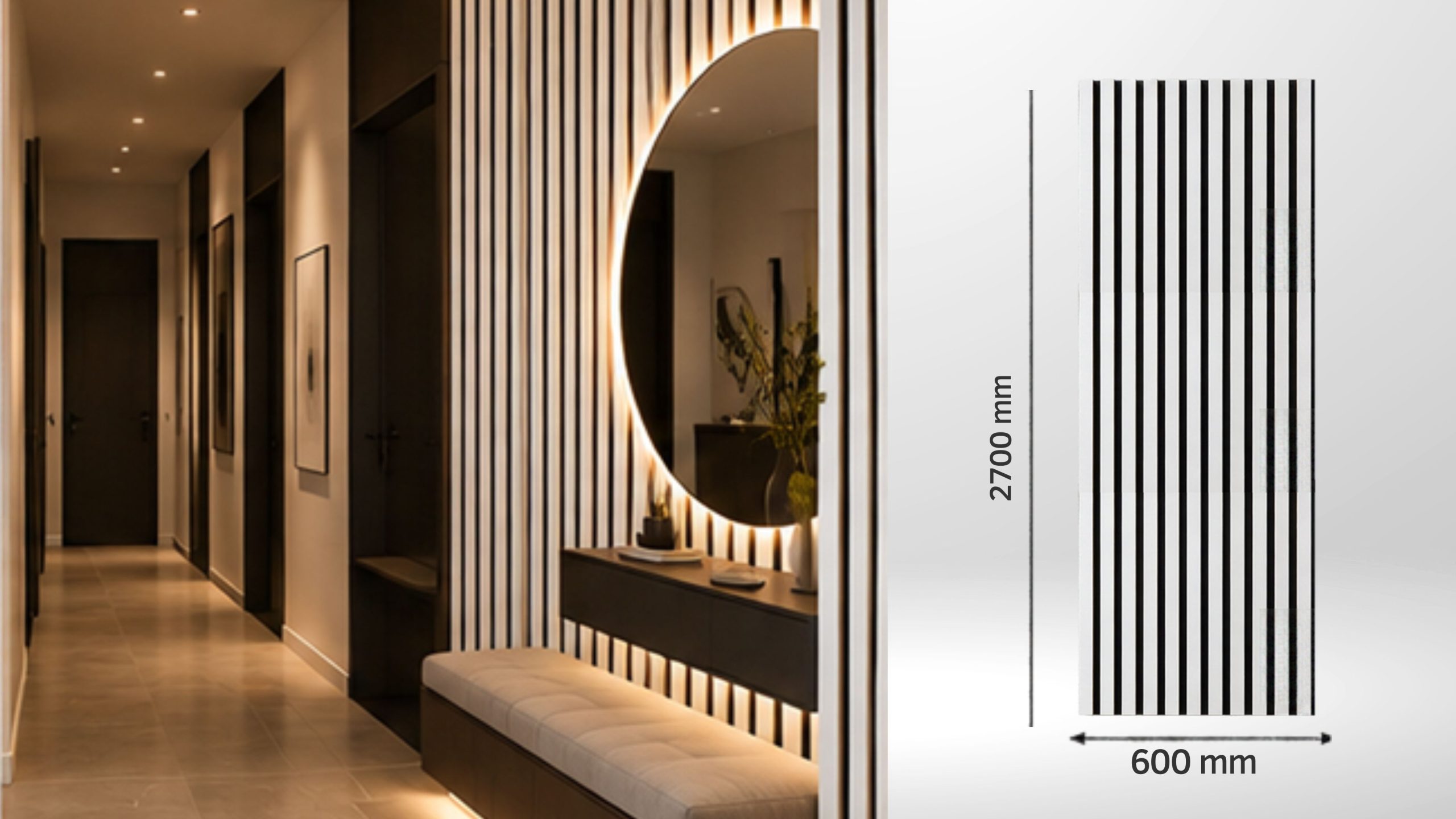 Riflaj decorativ FG6002-2 cu lamele albe și suport negru în amenajări interioare