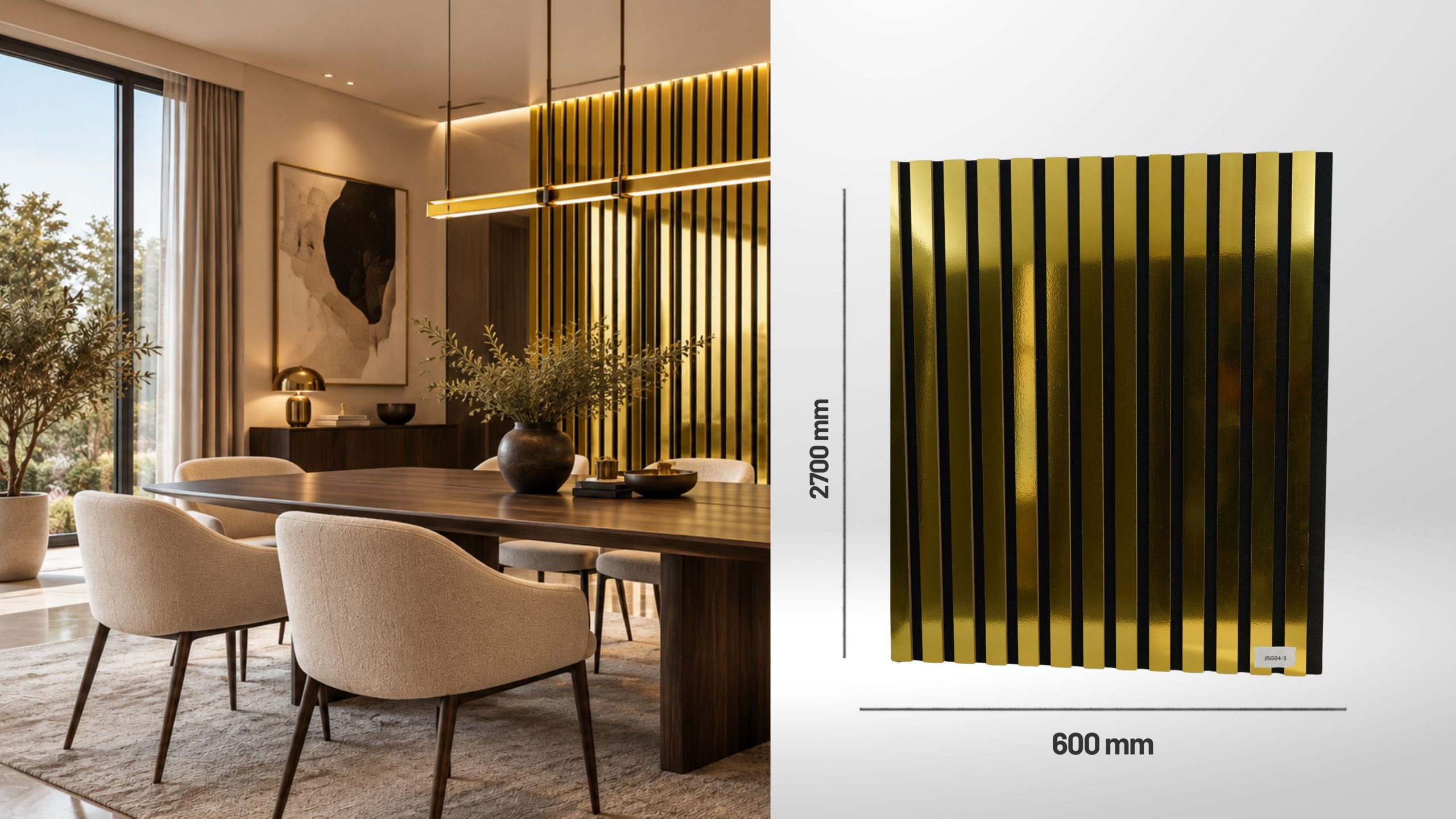 Riflaj decorativ auriu JSG02-3 cu lamele verticale într-un dining modern