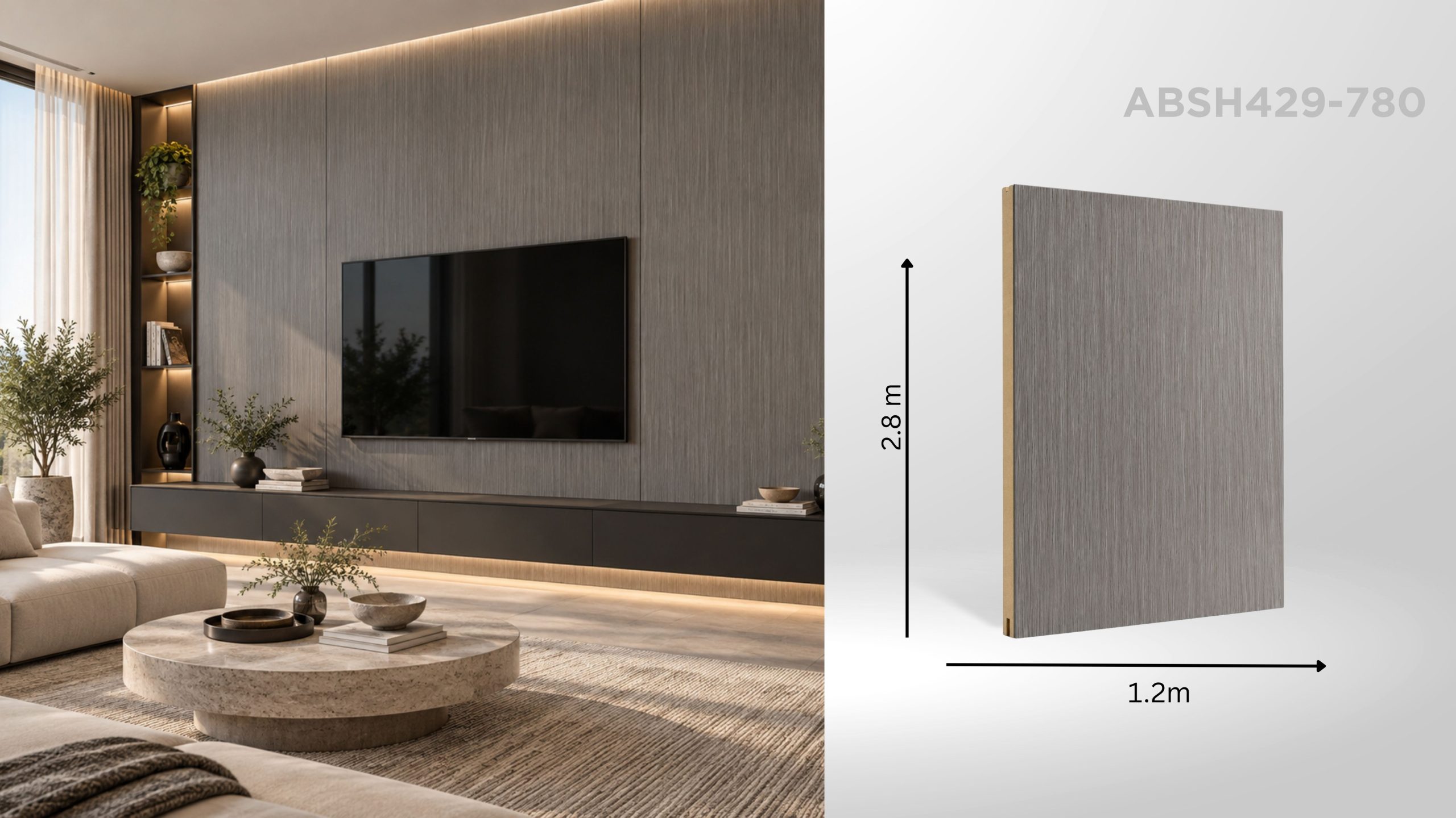 Panou decorativ ABSH429-780 gri-taupe mat, cu textură liniară, în amenajare de living